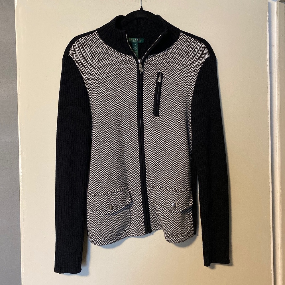 Lauren Ralph Lauren Cardigan Sweater Black White Herringbone Women's M petite